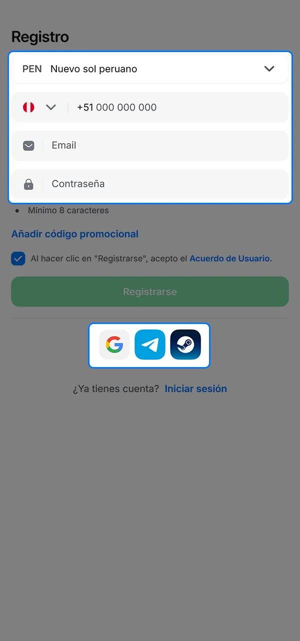 Elige el método de registro en 1win.
