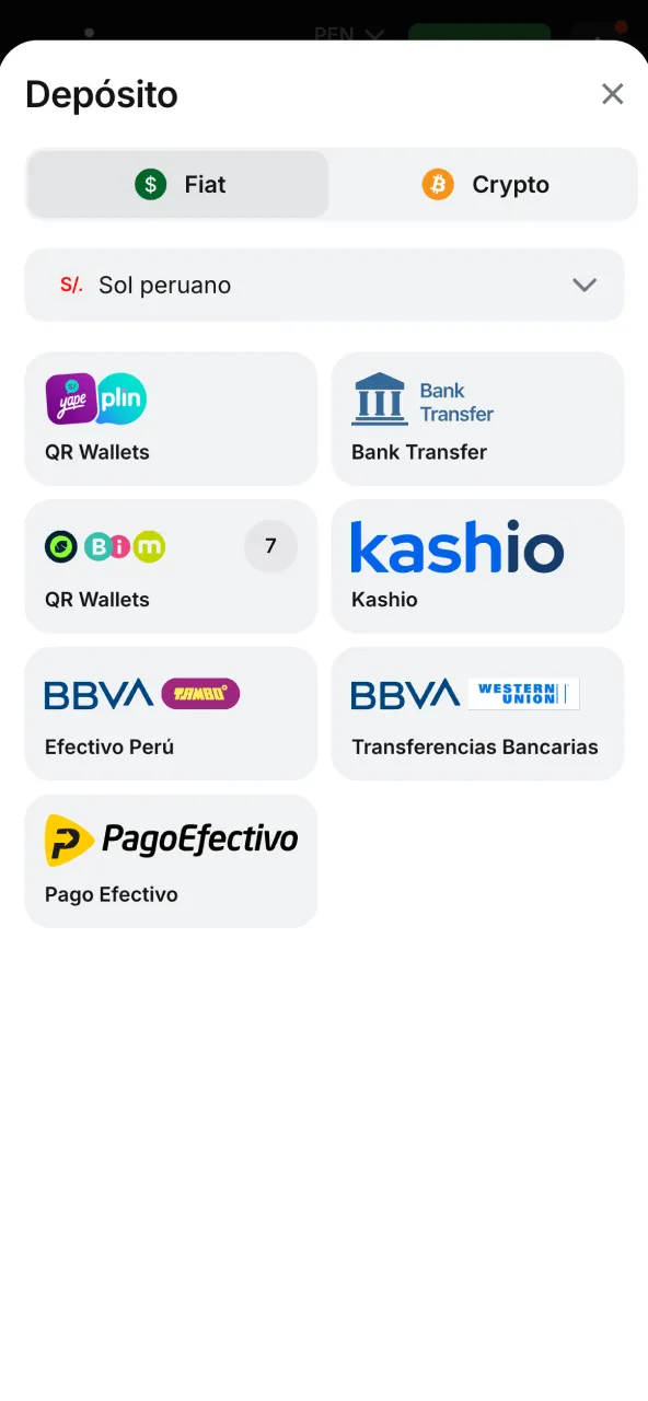 Primer depósito en 1win con opciones disponibles en soles peruanos.